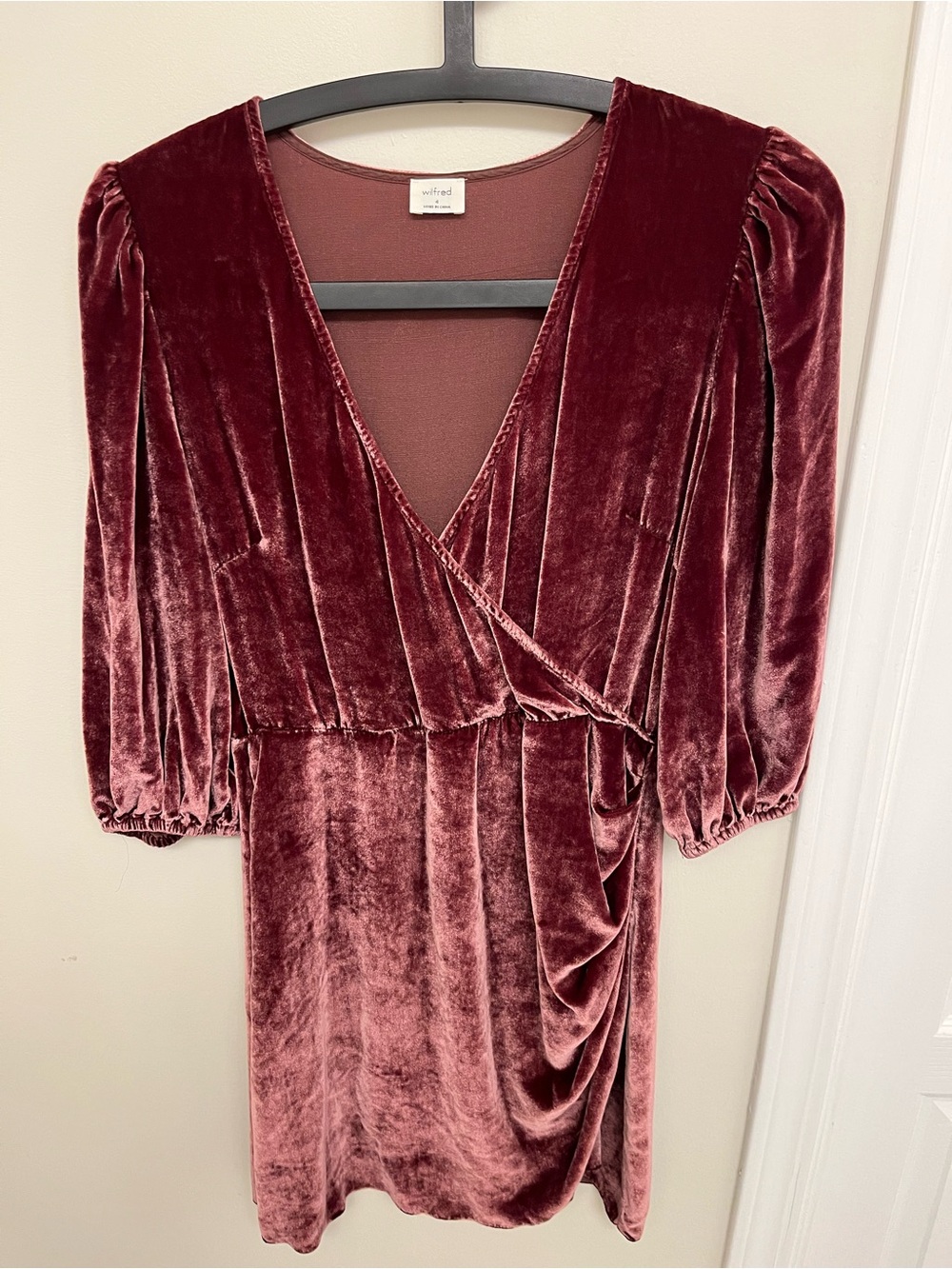 Wilfred Velvet Wrap Mini Dress in Wine
